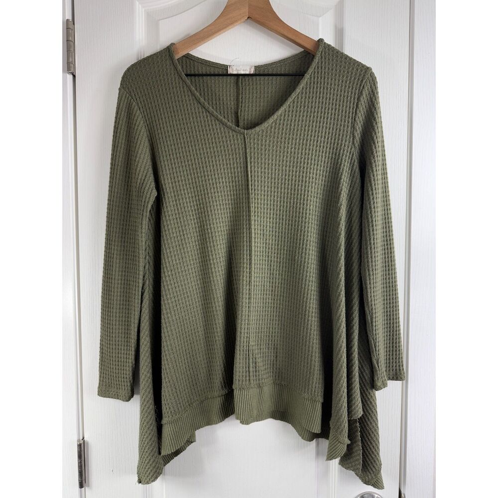 Altar'd State Women's Green Long Sleeve Waffle Knit V-Neck Top Size S